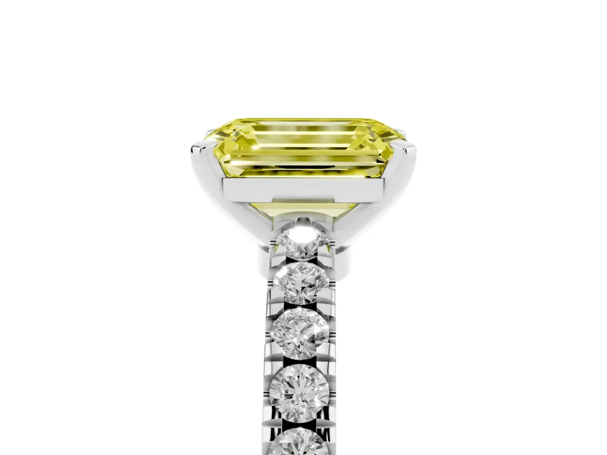 Fancy Yellow Emerald Cut Solitaire Diamond with Pavé Band and Four-Prong Setting Silver