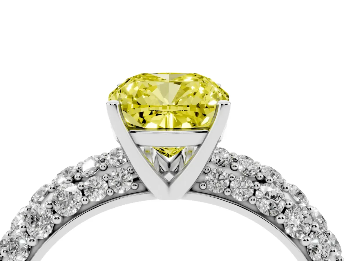 Fancy Yellow Cushion Cut Diamond Pavé Band Solitaire Ring with Four-Prong Setting Silver