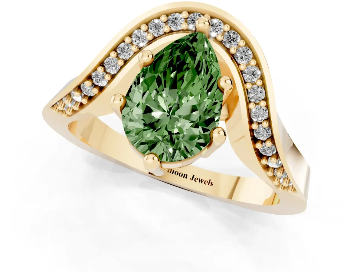 Fancy Green Pear Cut Solitaire Diamond Engagement Ring with Pave Band and Four-Prong Setting Yellow gold