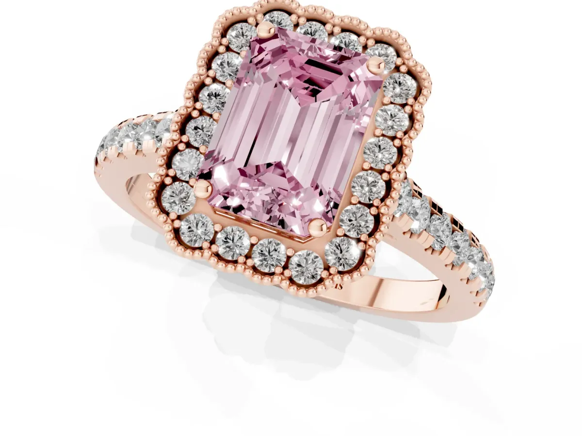 Fancy Pink Emerald Cut Cut Diamond Milgrain Floral Halo Engagement Ring with Pavé Band Rose gold