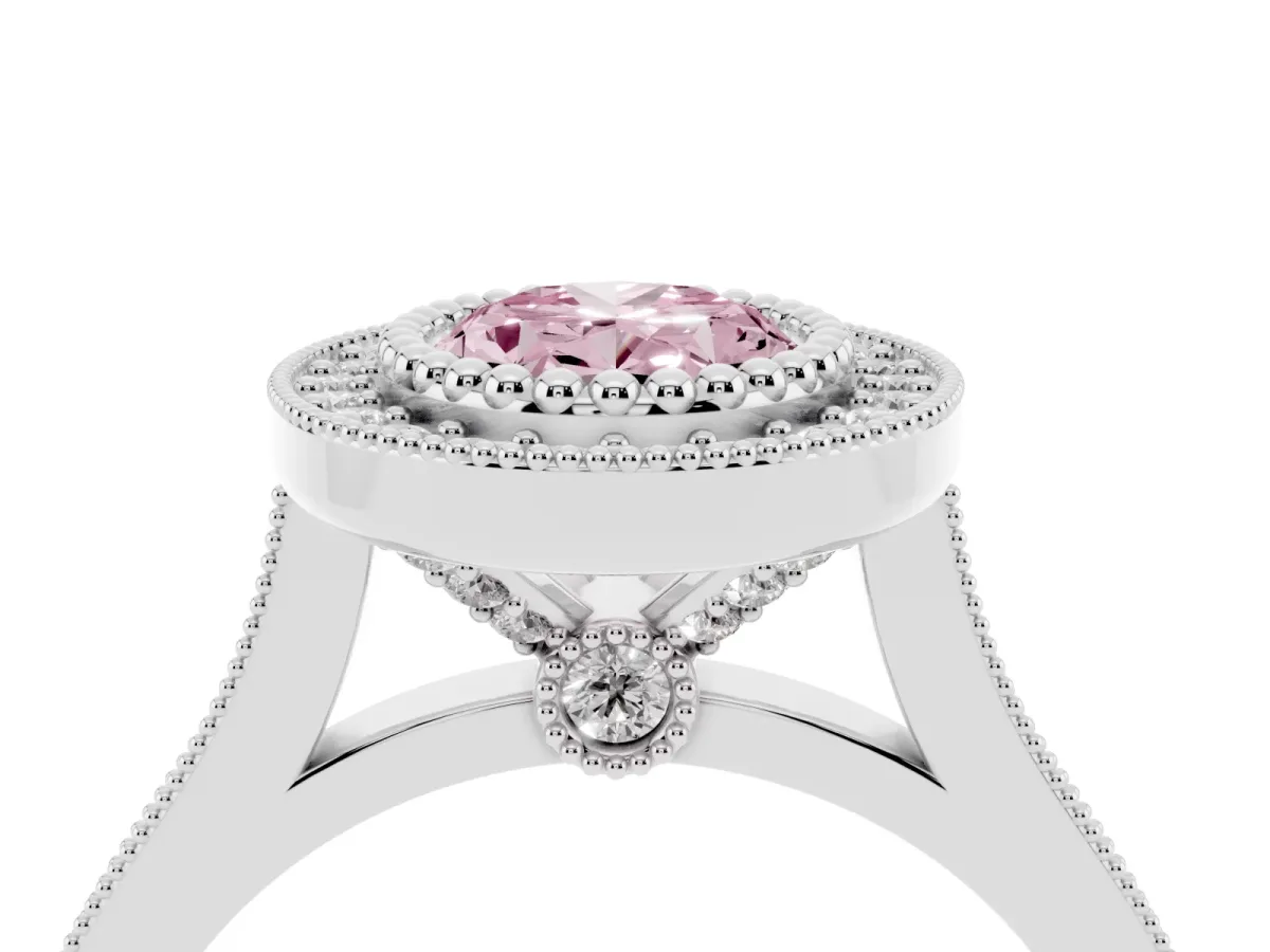 Fancy Pink Oval Cut Diamond Halo Ring with Milgrain Frame and Pavé Band Silver