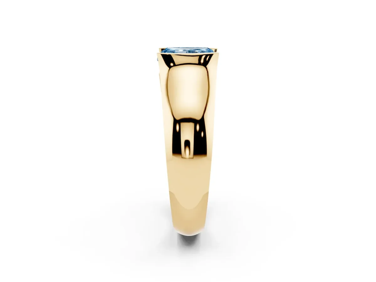 Fancy Blue Radiant Cut Solitaire Bezel Set Diamond Ring with Wide Band Yellow gold