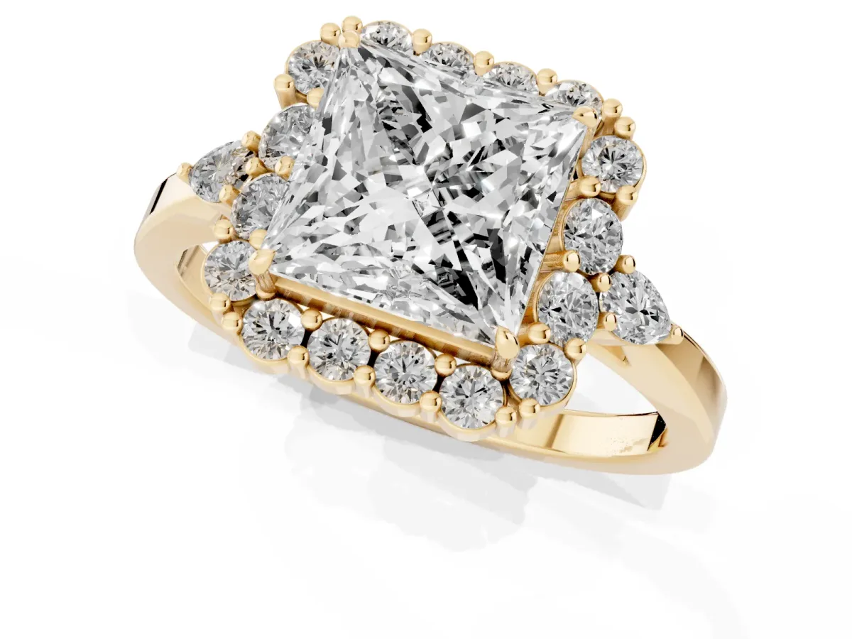 Princess Cut Diamond Halo Ring with Pear Side Stones and Prong Setting Yellow gold