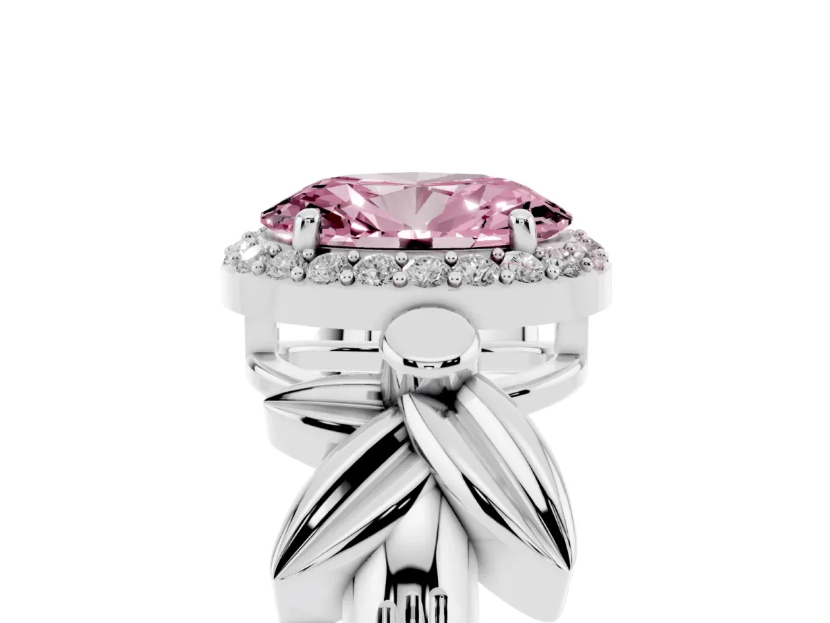 Fancy Pink Oval Cut Halo Diamond Floral Band with Four-Prong Setting Silver