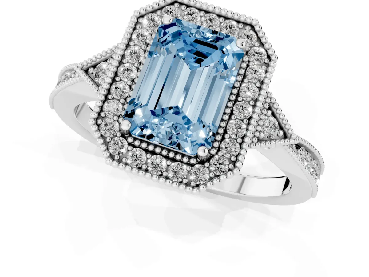 Fancy Blue Emerald Cut Halo Round Diamond Milgrain Pave Engagement Ring Silver