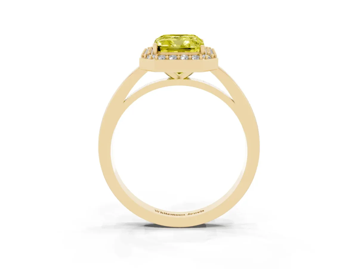 Fancy Yellow Radiant Cut Halo Diamond Ring with Solitaire Band and Prong Setting Yellow gold