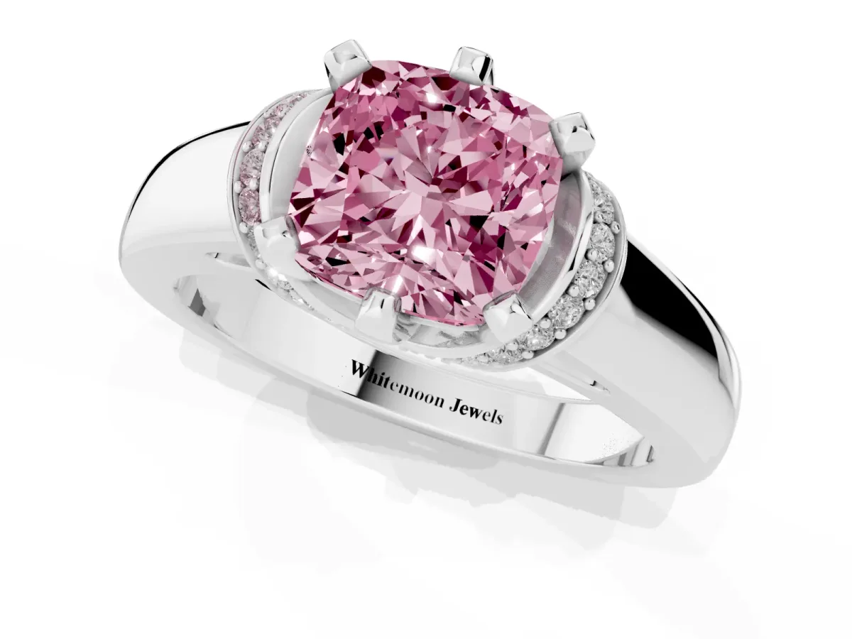 Fancy Pink Cushion Cut Solitaire Diamond Ring with Pave Band and Six-Prong Setting Silver