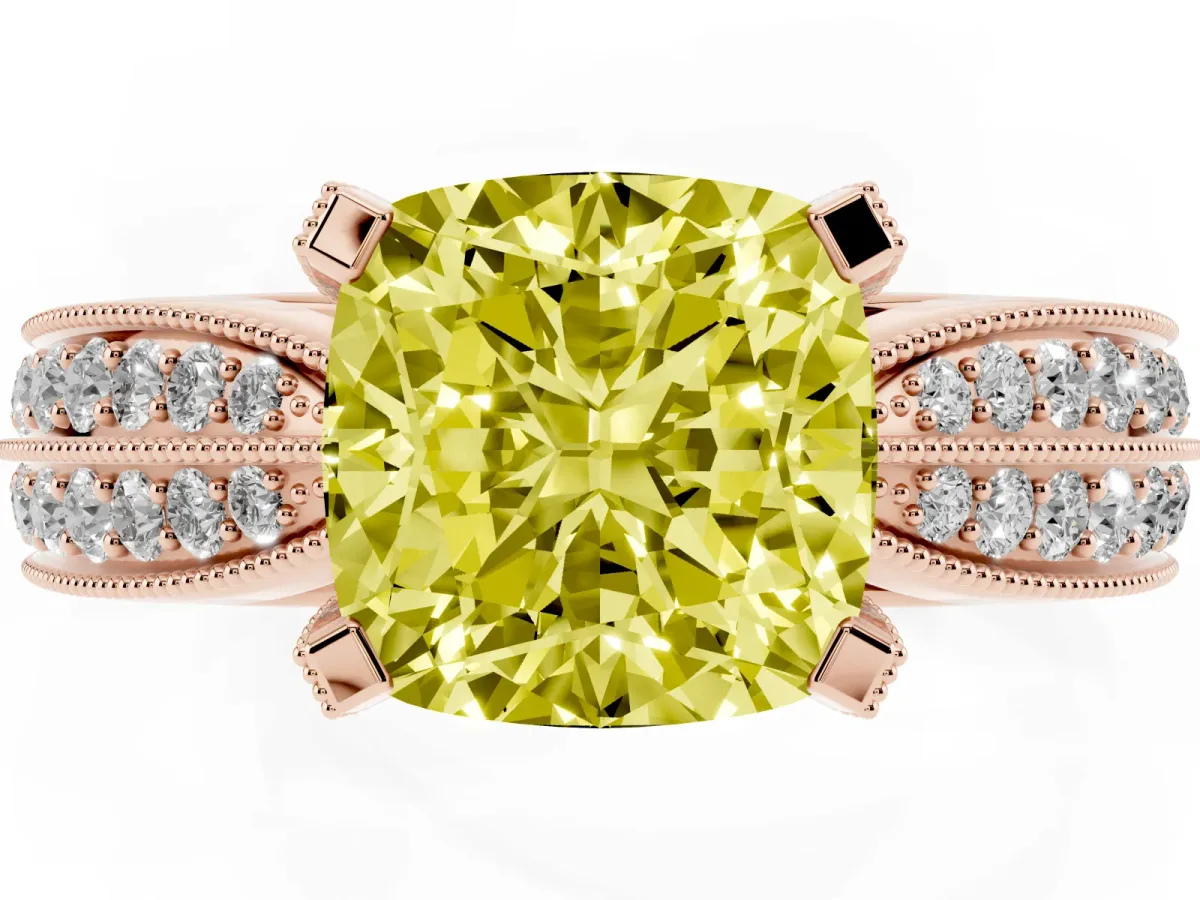 Fancy Yellow Cushion Cut Diamond Solitaire Ring with Milgrain Round Pavé Band and Prong Setting Rose gold