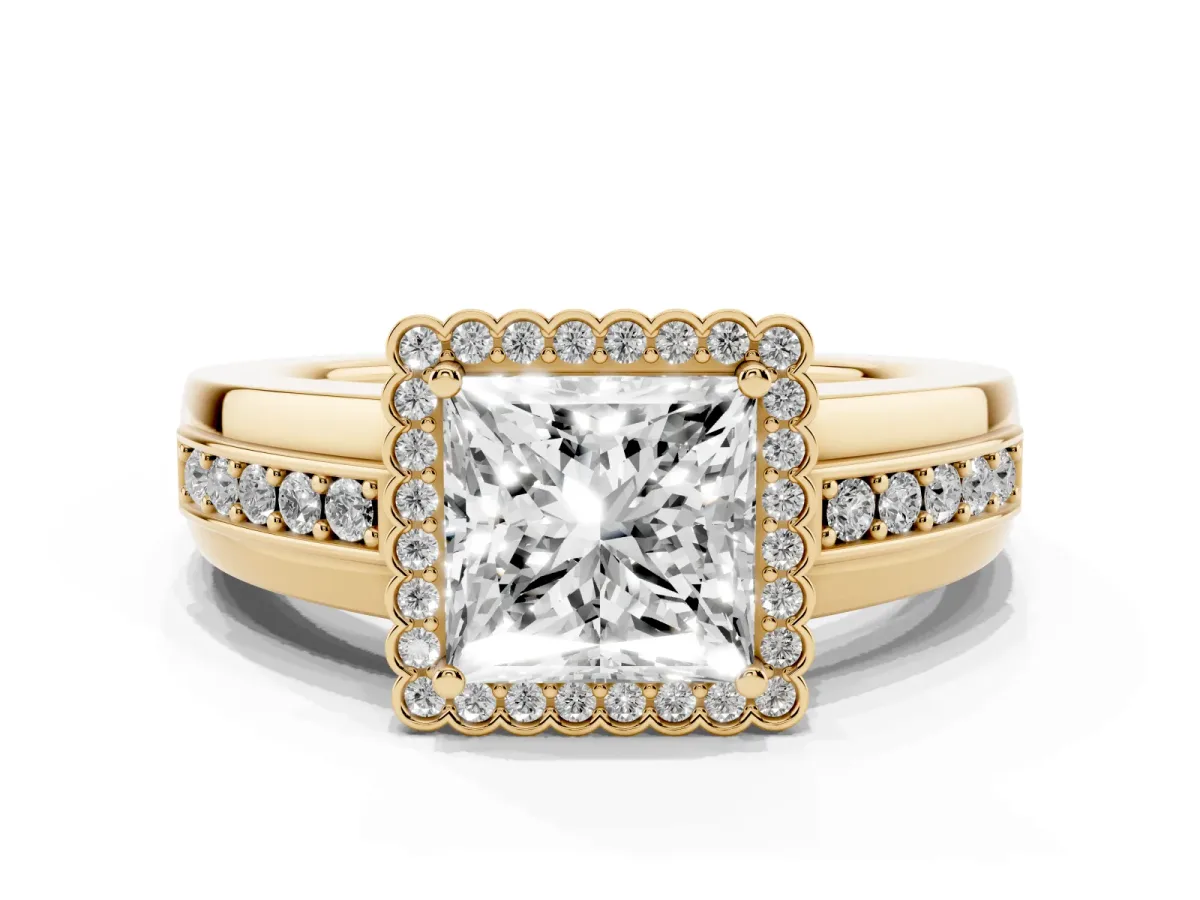 Princess Cut Cut Halo Pave Band Four-Prong Ring Yellow gold