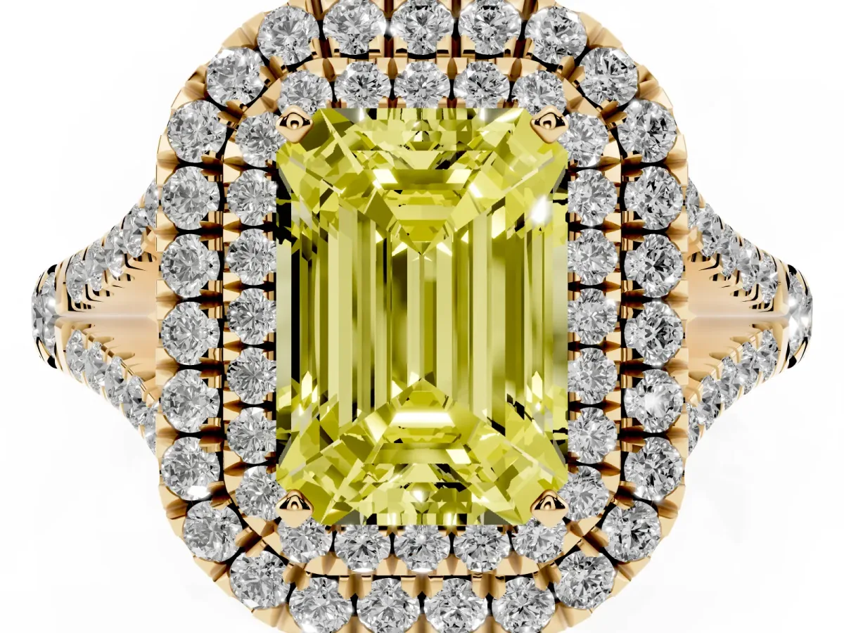 Fancy Yellow Emerald Cut Diamond Pavé Split Shank Double Halo Engagement Ring Yellow gold