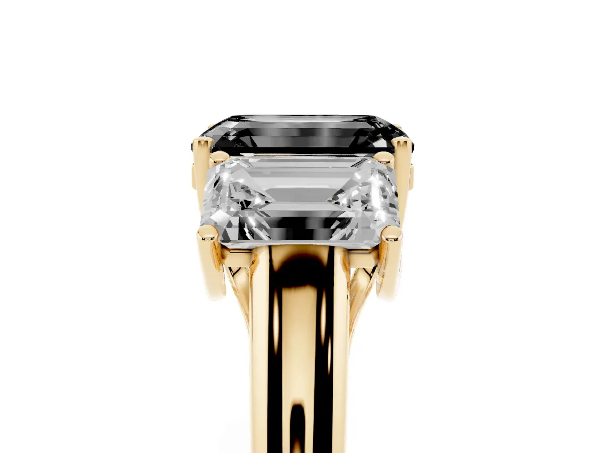 Fancy Black Three-Stone Emerald Cut Diamond Engagement Ring with Prong Setting Yellow gold
