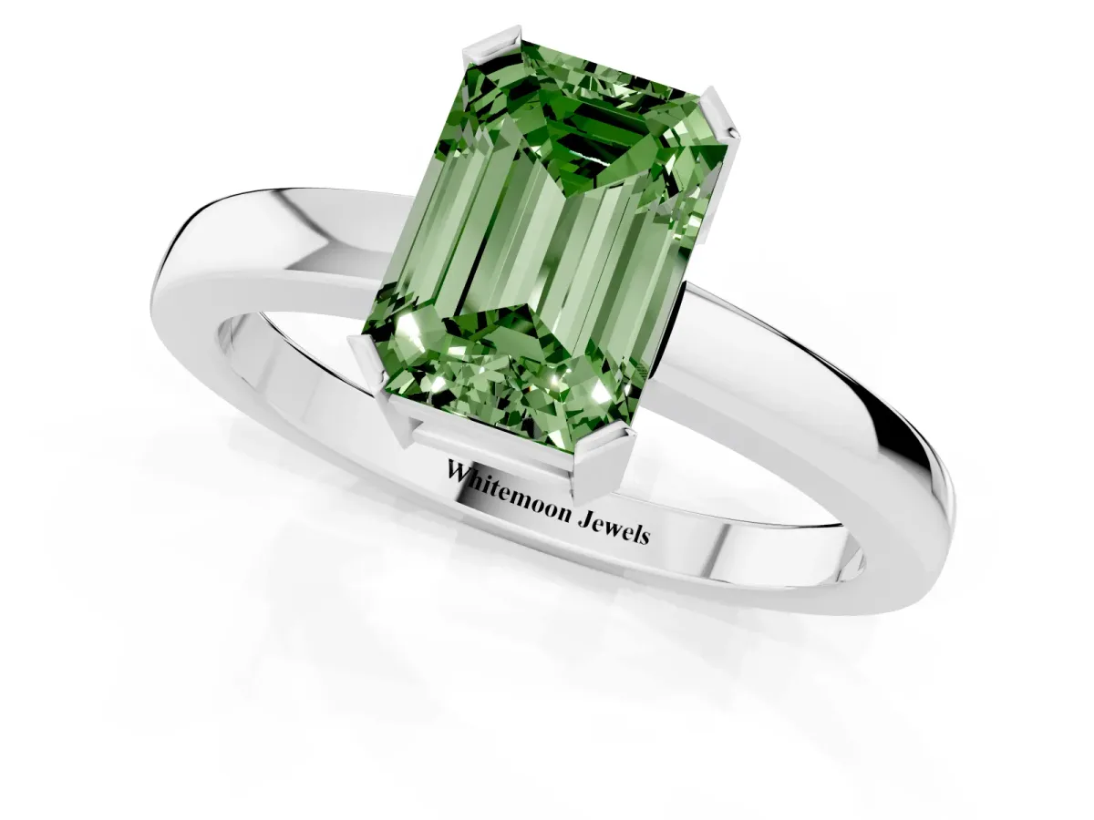 Fancy Green Emerald Cut Cut Solitaire Ring with Four-Prong Setting and Classic Band Platinum