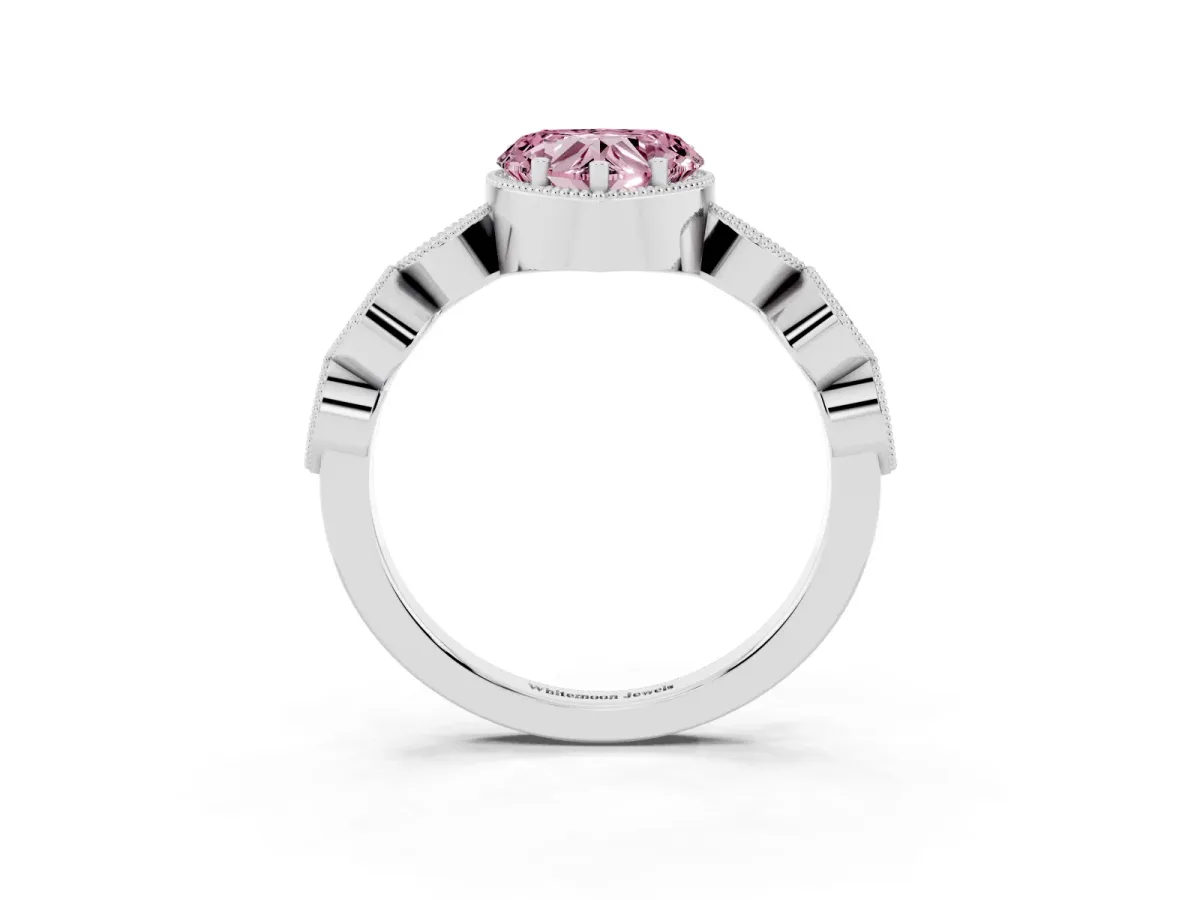 Fancy Pink Heart Cut Diamond Vintage Milgrain Ring with Round Stations Silver