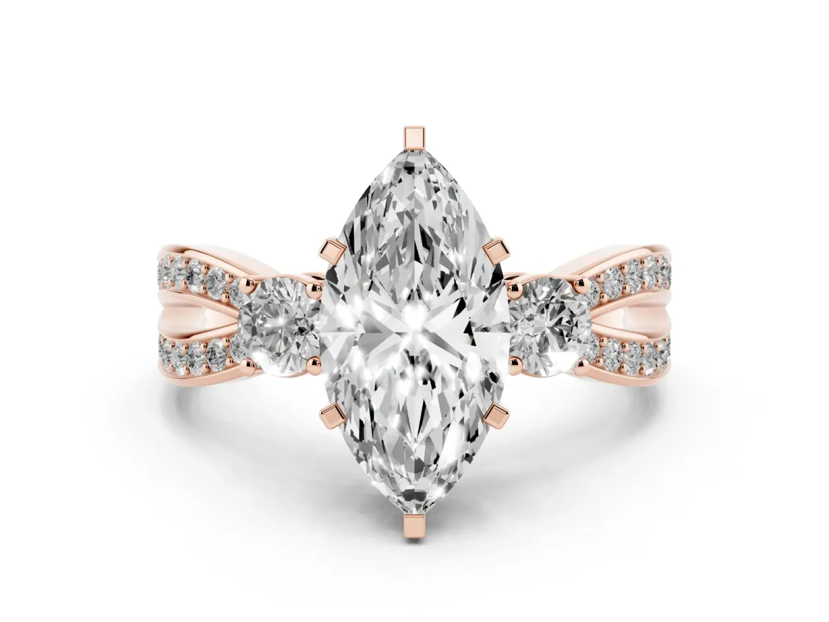 Three-Stone Marquise Cut Cut Diamond Twist Band with Prong Setting Rose gold