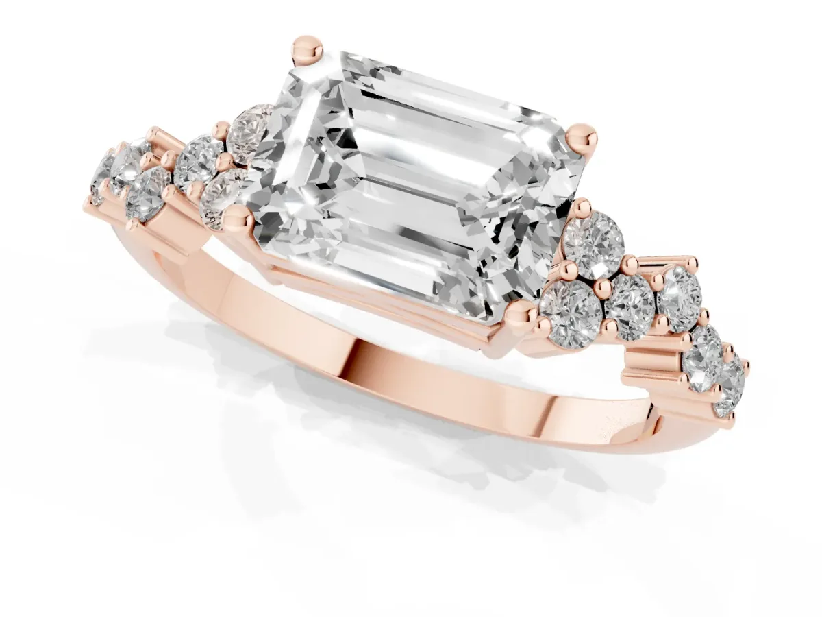 Emerald Cut Diamond Scattered Round Accent Ring with Prong Setting Rose gold