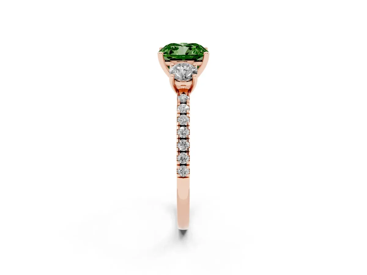Fancy Green Three-Stone Cushion Cut Cut Diamond Pavé Band with Prong Setting Rose gold