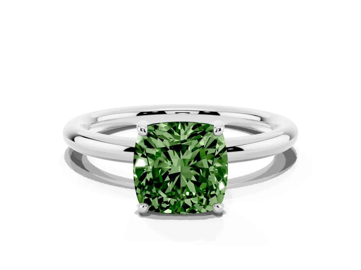 Fancy Green Cushion Cut Solitaire Diamond Ring with Four-Prong Setting on a Plain Band Platinum