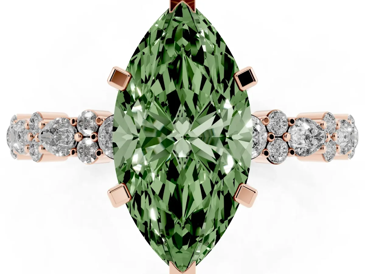 Fancy Green Marquise Cut Diamond Side Stone Solitaire Ring with Round and Four-Prong Setting Rose gold