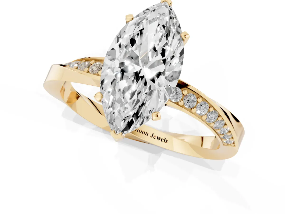 Marquise Cut Diamond Engagement Ring with Side Stone Accents and Four-Prong Setting Yellow gold