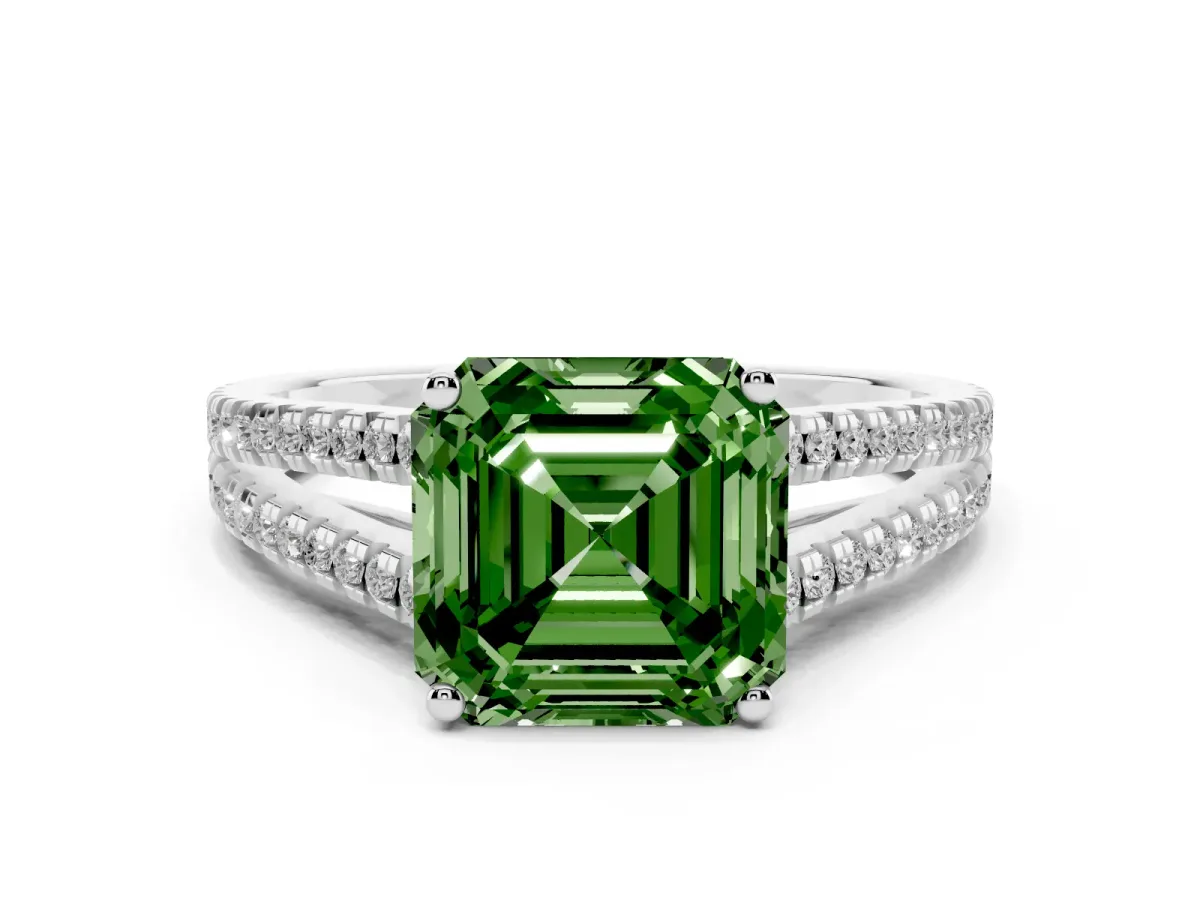 Fancy Green Asscher Cut Diamond Solitaire Engagement Ring with Split Shank Pavé Band Silver