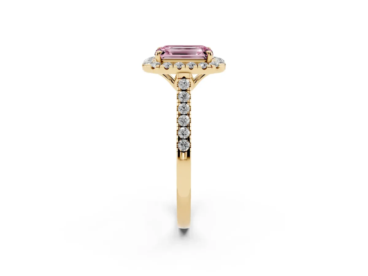 Fancy Pink Emerald Cut Halo Pavé Diamond Engagement Ring with Four-Prong Setting Yellow gold