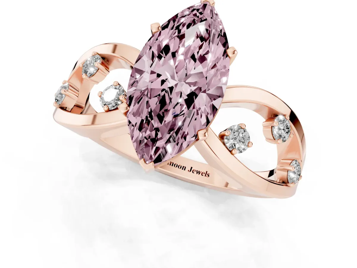 Fancy Pink Marquise Cut Cut Solitaire Diamond with Side Stones on Criss-Cross Band and Four-Prong Setting Rose gold