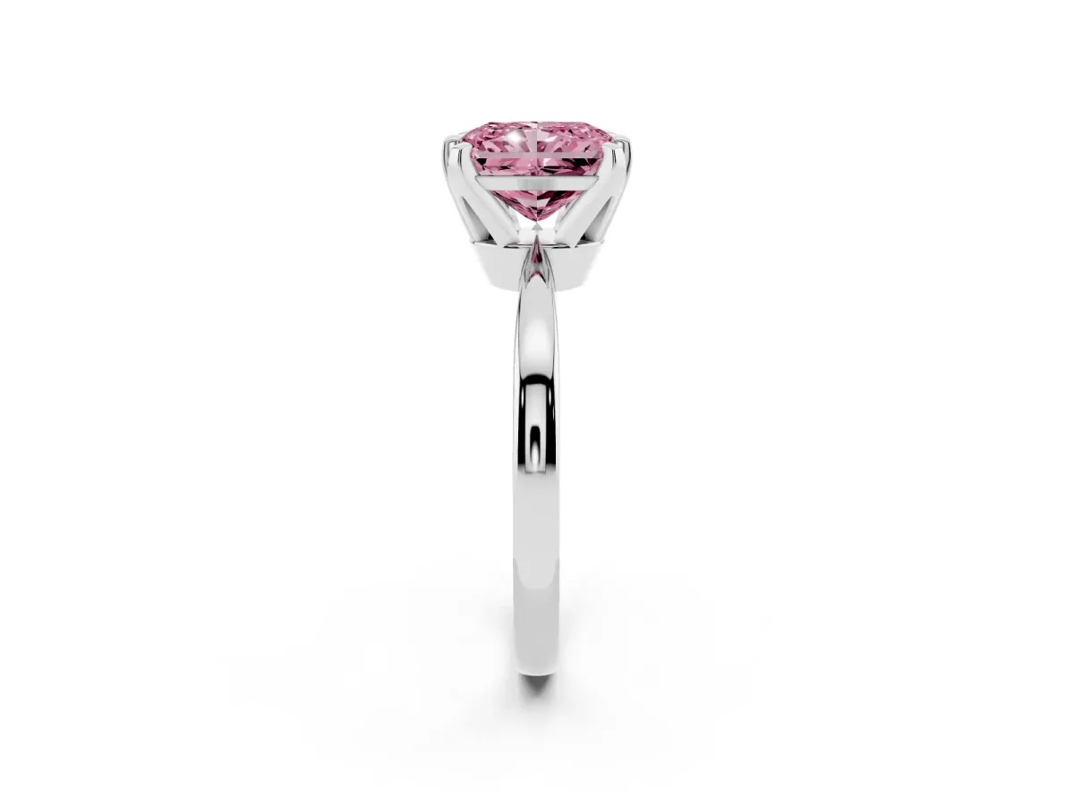 Fancy Pink Radiant Cut Solitaire Engagement Ring with Six-Prong Setting and Tapered Band Platinum