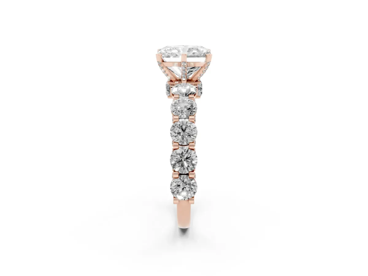 Radiant Cut Diamond Side Stone Engagement Ring with Four-Prong Setting Rose gold
