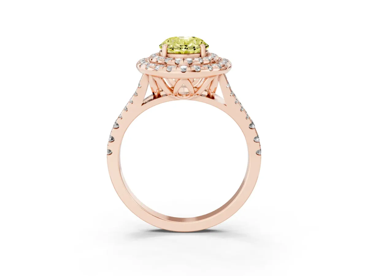 Fancy Yellow Double Halo Oval Cut Diamond Pavé Split Shank Ring with Prong Setting Rose gold
