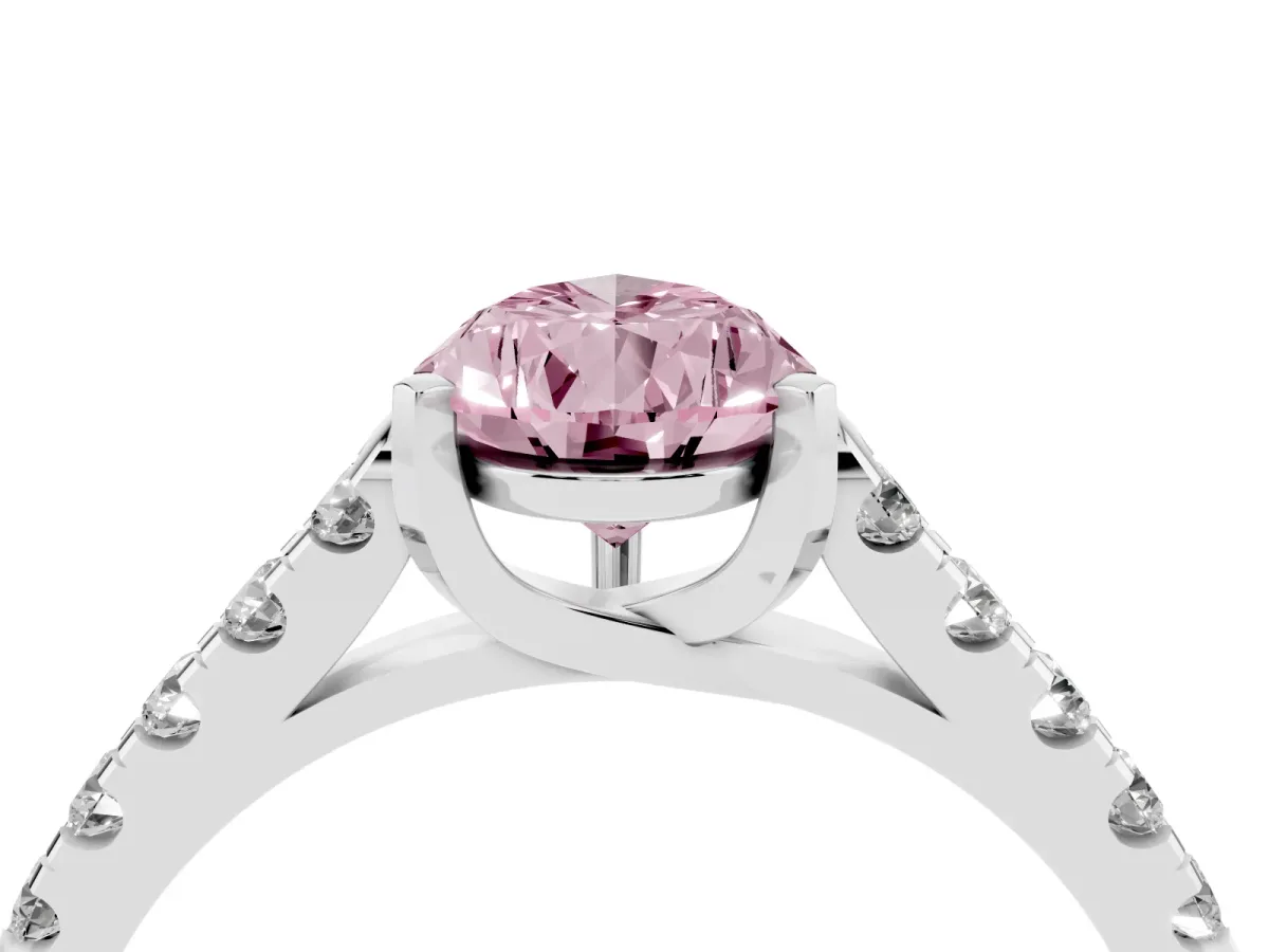 Fancy Pink Pear Cut Diamond Pavé Band Solitaire Ring with Prong Setting Silver