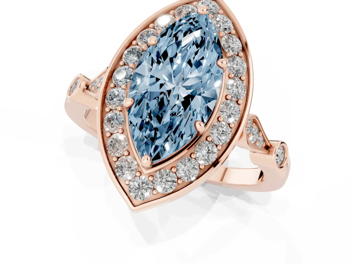 Fancy Blue Marquise Cut Halo Diamond Engagement Ring with Twisted Band and Four-Prong Setting Rose gold