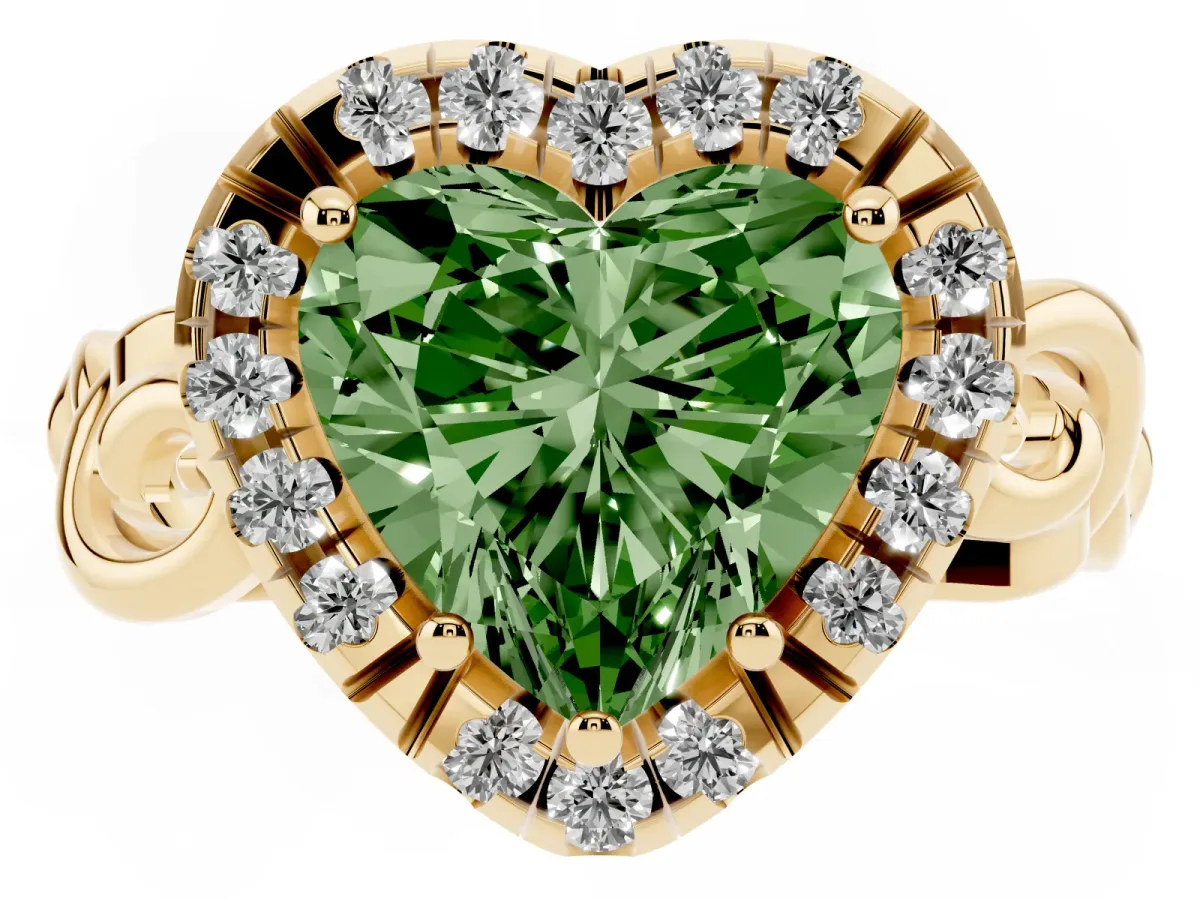 Fancy Green Heart Cut Cut Halo Diamond Ring with Scrollwork Band and Four-Prong Setting Yellow gold