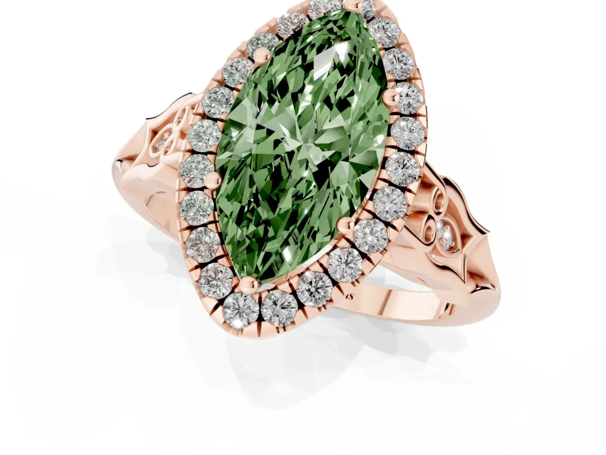 Fancy Green Marquise Cut Halo Diamond Engagement Ring with Filigree Band and Four-Prong Setting Rose gold