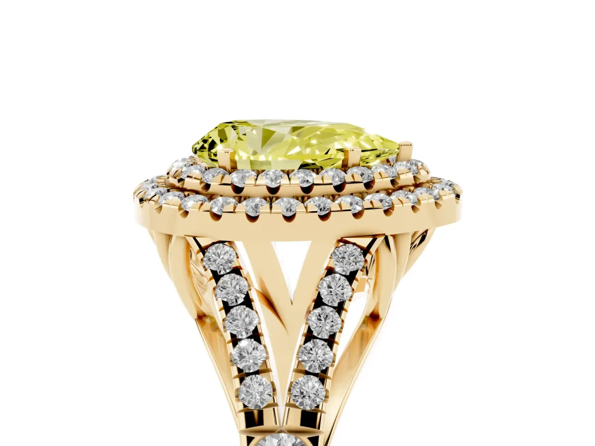 Fancy Yellow Pear Cut Diamond Double Halo Ring with Split Shank and Prong Setting Yellow gold
