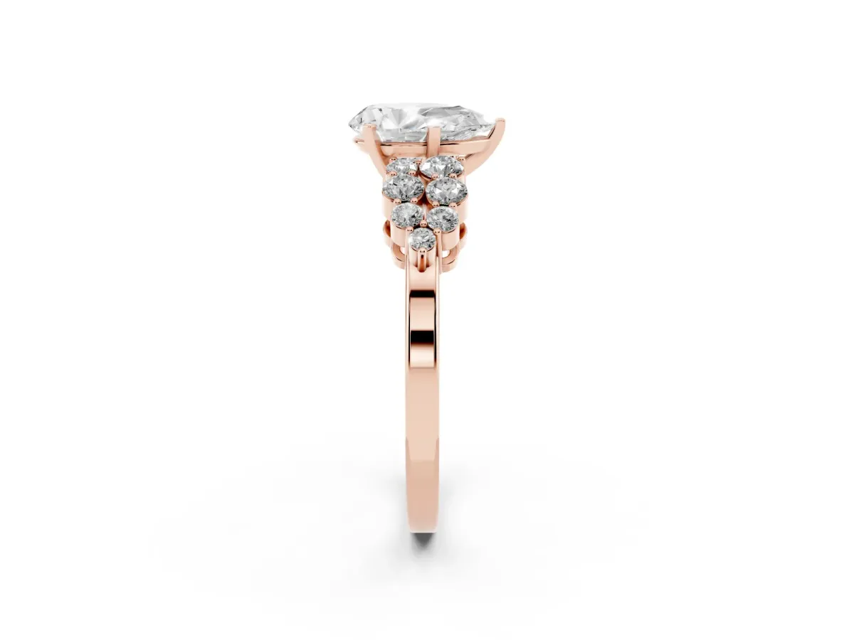 Pear Cut Cluster Diamond Engagement Ring with Pavé Band and Four-Prong Setting Rose gold