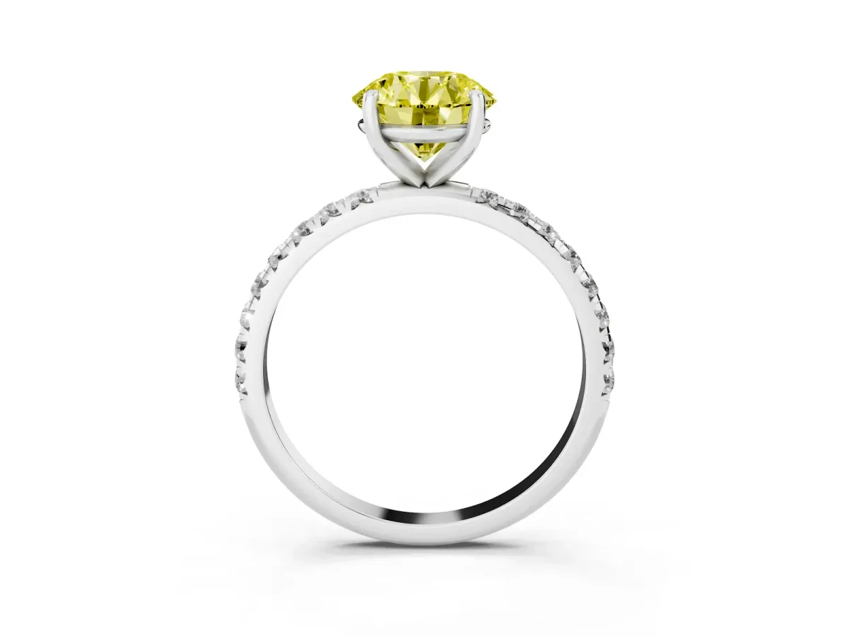Fancy Yellow Round Cut Cut Diamond Solitaire Ring with Micro Pave Band and Four Prong Setting Platinum