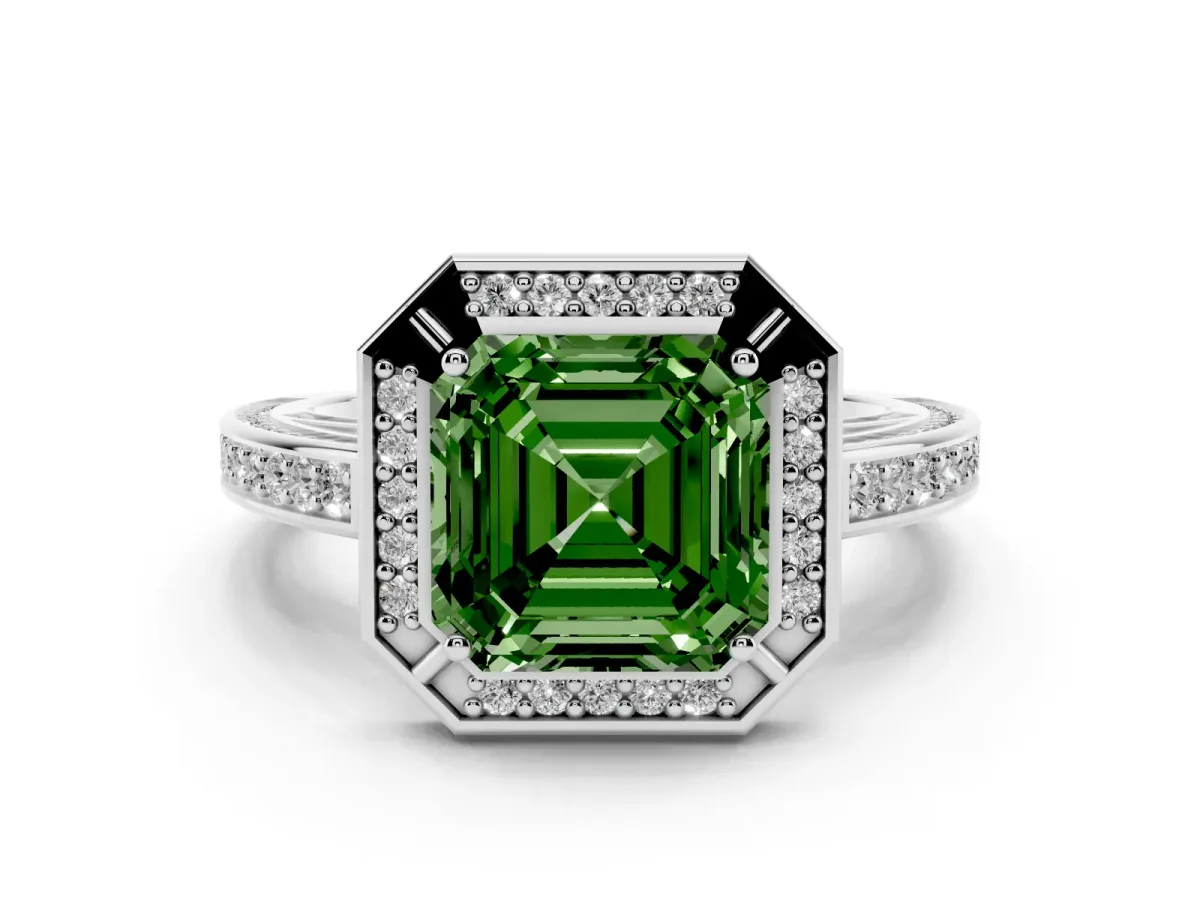 Fancy Green Asscher Cut Cut Halo Pave Split Shank Prong Setting Ring Silver