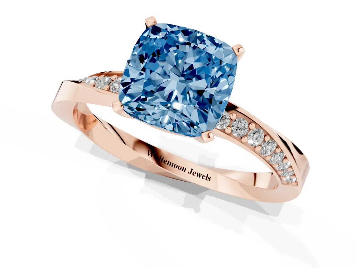 Fancy Blue Cushion Cut Diamond Engagement Ring with Side Stone Accents and Four-Prong Setting Rose gold