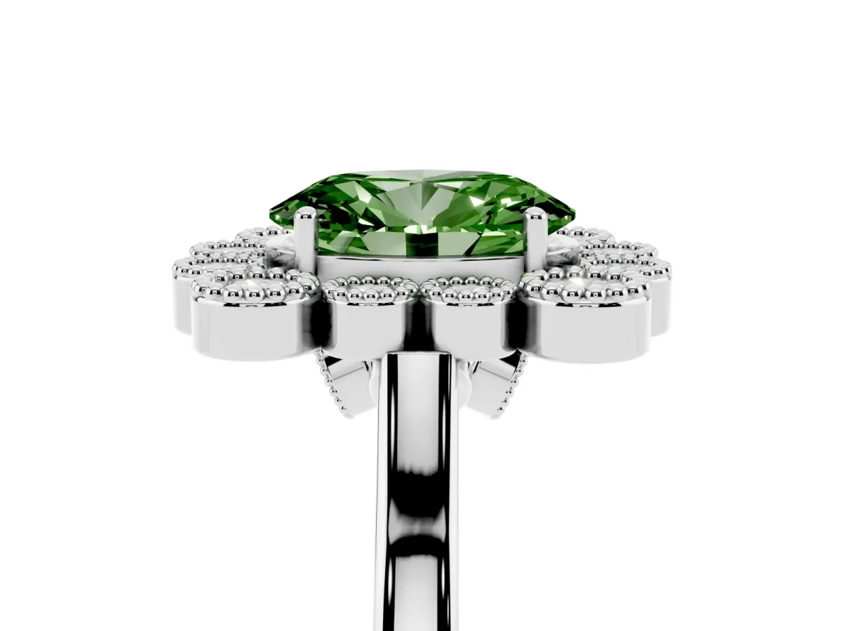 Fancy Green Oval Cut Halo Diamond Cluster Engagement Ring with Milgrain Bezel Setting and Solitaire Band Silver
