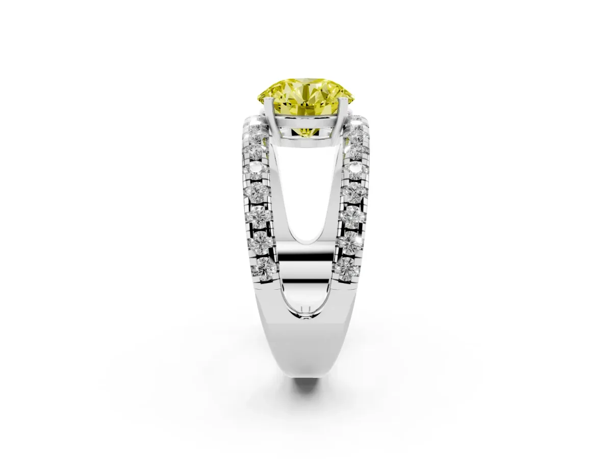 Fancy Yellow Round Cut Solitaire Split Shank Pave Diamond Ring Silver