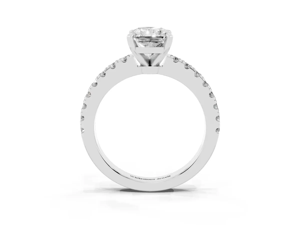 Radiant Cut Solitaire Diamond with Pavé Band and Four-Prong Setting Silver