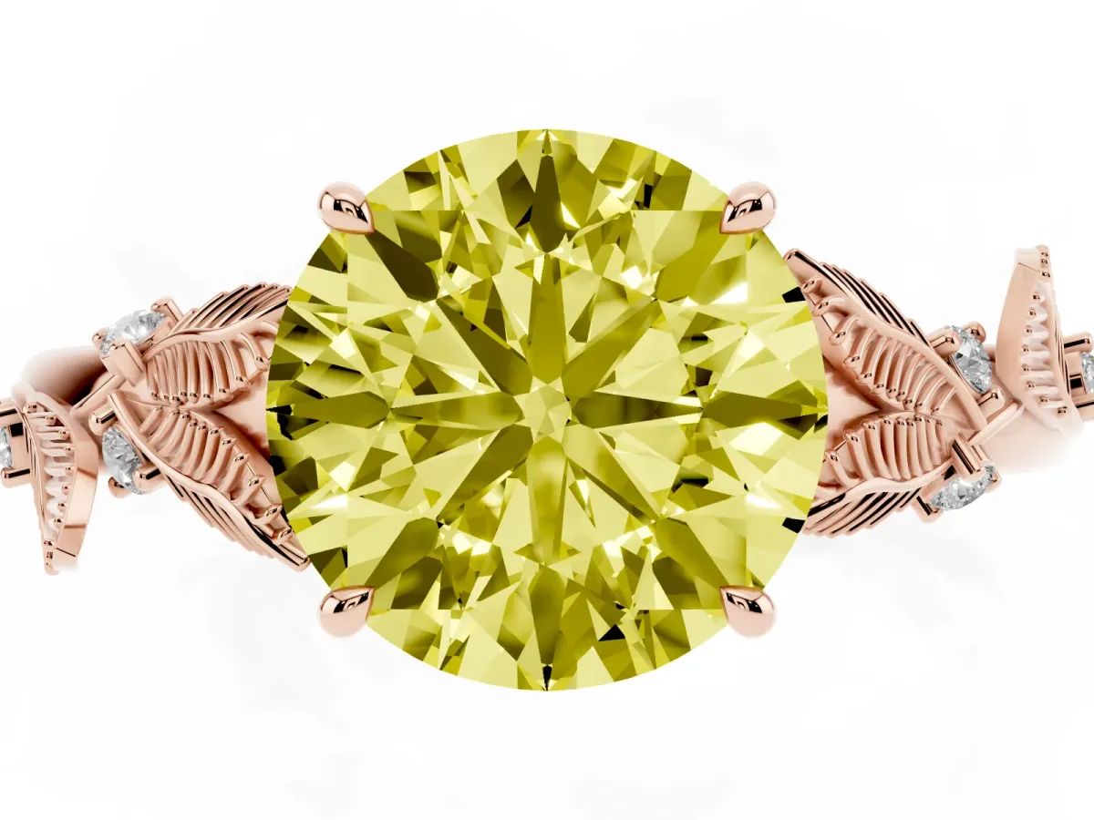 Fancy Yellow Round Cut Diamond Solitaire Ring with Leaf Motif Band and Four-Prong Setting Rose gold