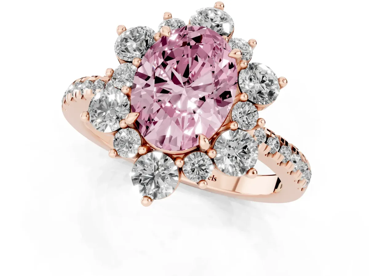 Fancy Pink Oval Cut Diamond Floral Halo Ring with Round Pavé Band and Prong Setting Rose gold