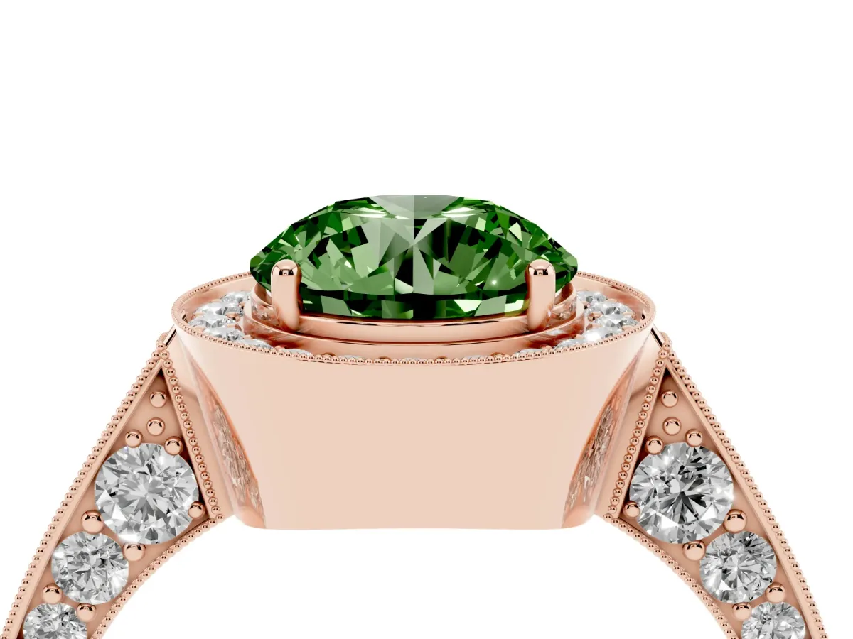 Fancy Green Round Cut Halo Diamond Engagement Ring with Split Shank Band and Four-Prong Setting Rose gold