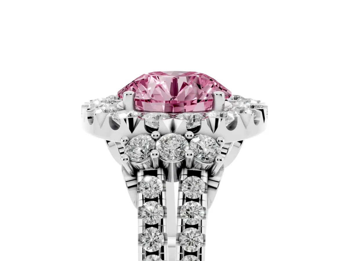 Fancy Pink Round Cut Cut Double Halo Diamond Engagement Ring with Pave Band and Four-Prong Setting Platinum