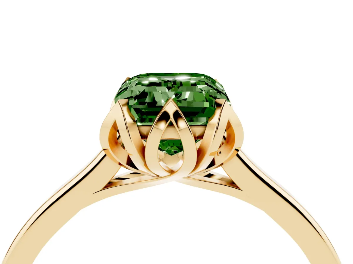 Fancy Green Emerald Cut Diamond Solitaire Ring with Flower Prong Setting and Classic Band Yellow gold