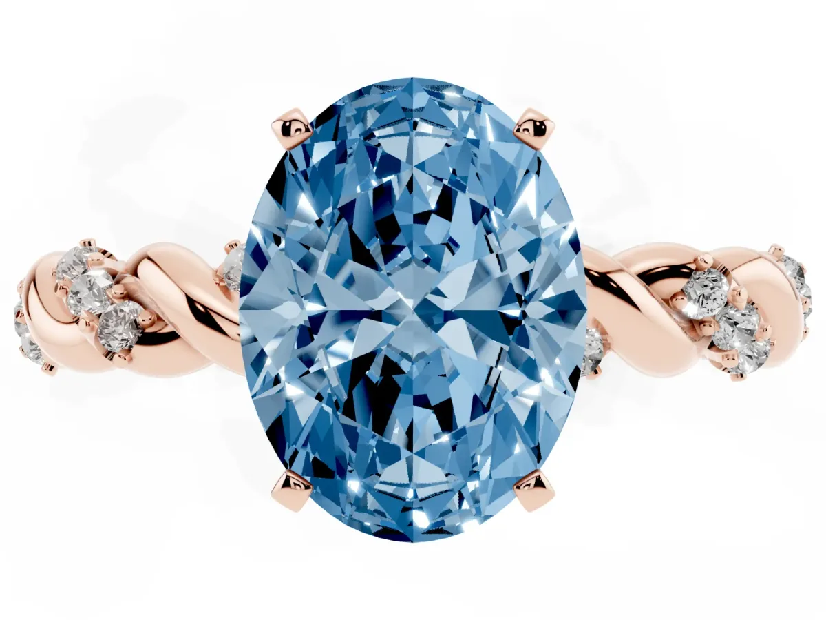 Fancy Blue Oval Cut Diamond Solitaire Ring with Twisted Band and Pavé Accents Rose gold