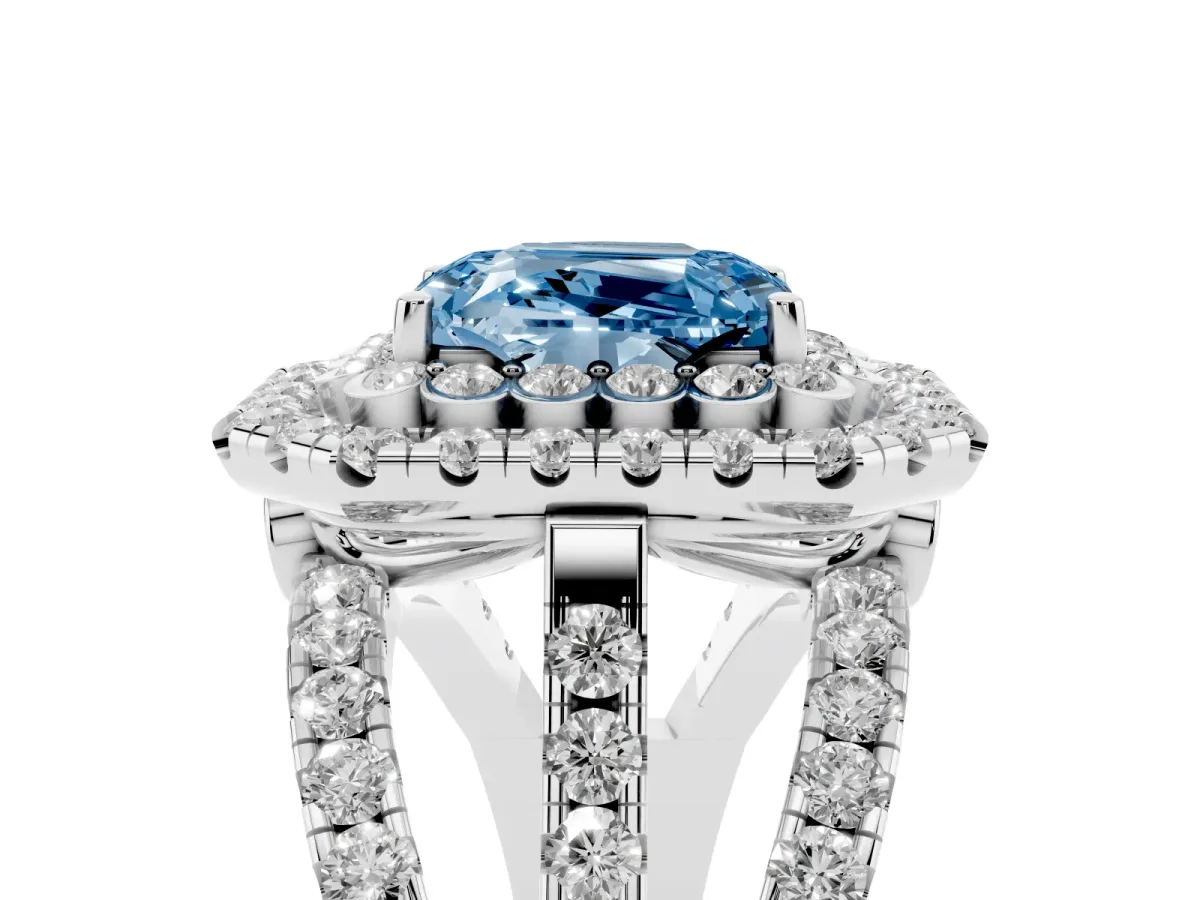 Fancy Blue Emerald Cut Diamond Double Halo Ring with Round Pavé Split Shank and Prong Setting Silver