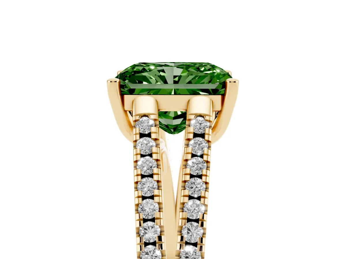 Fancy Green Radiant Cut Diamond Solitaire Engagement Ring with Split Shank Pavé Band Yellow gold