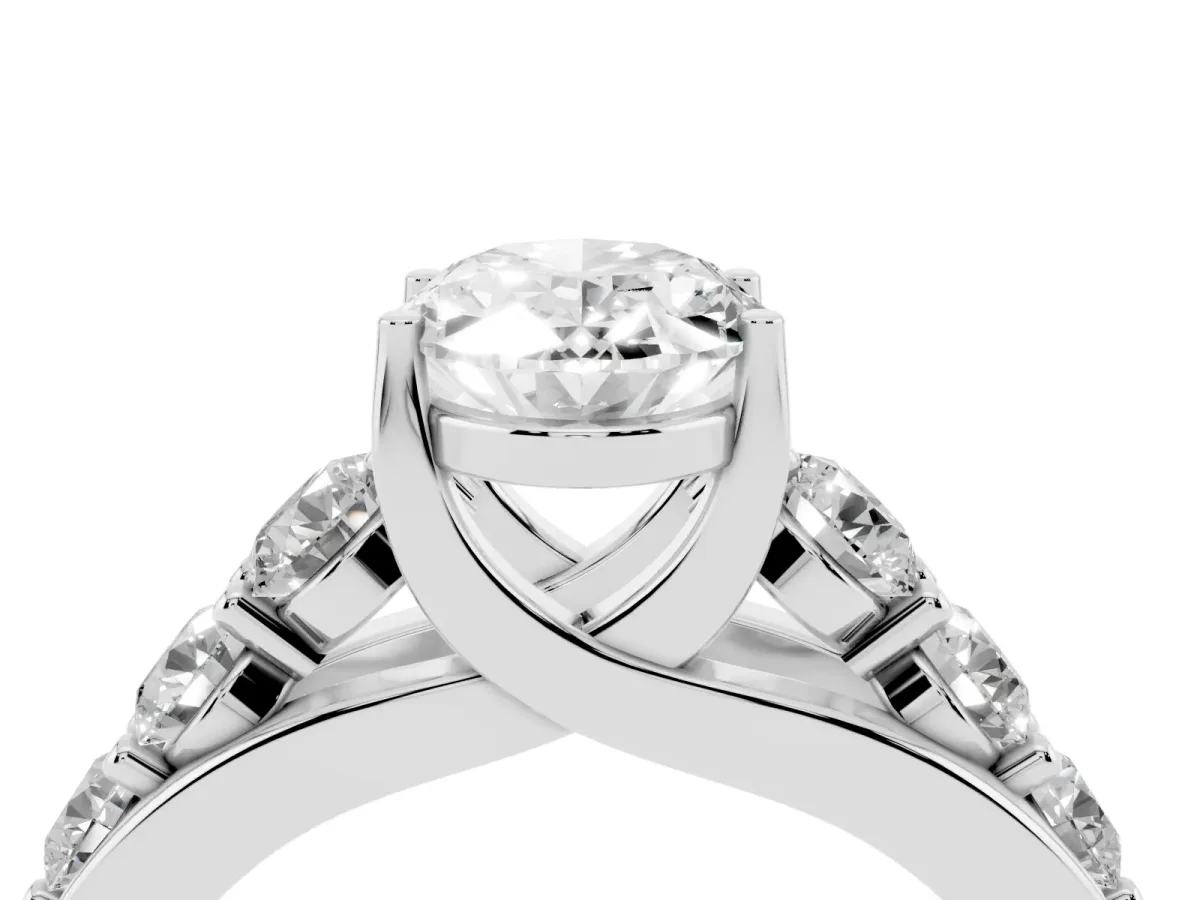 Oval Cut Diamond Engagement Ring with Pavé Band and Four-Prong Setting Platinum